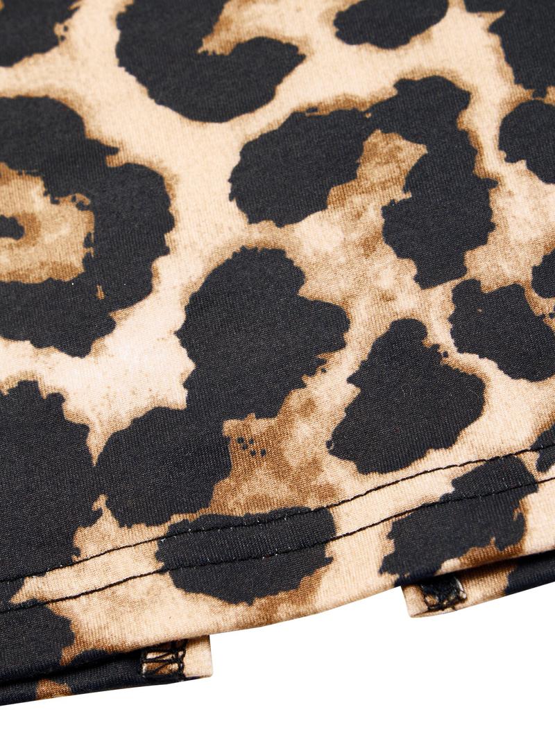 Women's Leopard Print Sleeveless Dress, Deep V Neck Contrast Lace Design, Slim Fit High Waist Back Slit, All Season Elegant Fashion