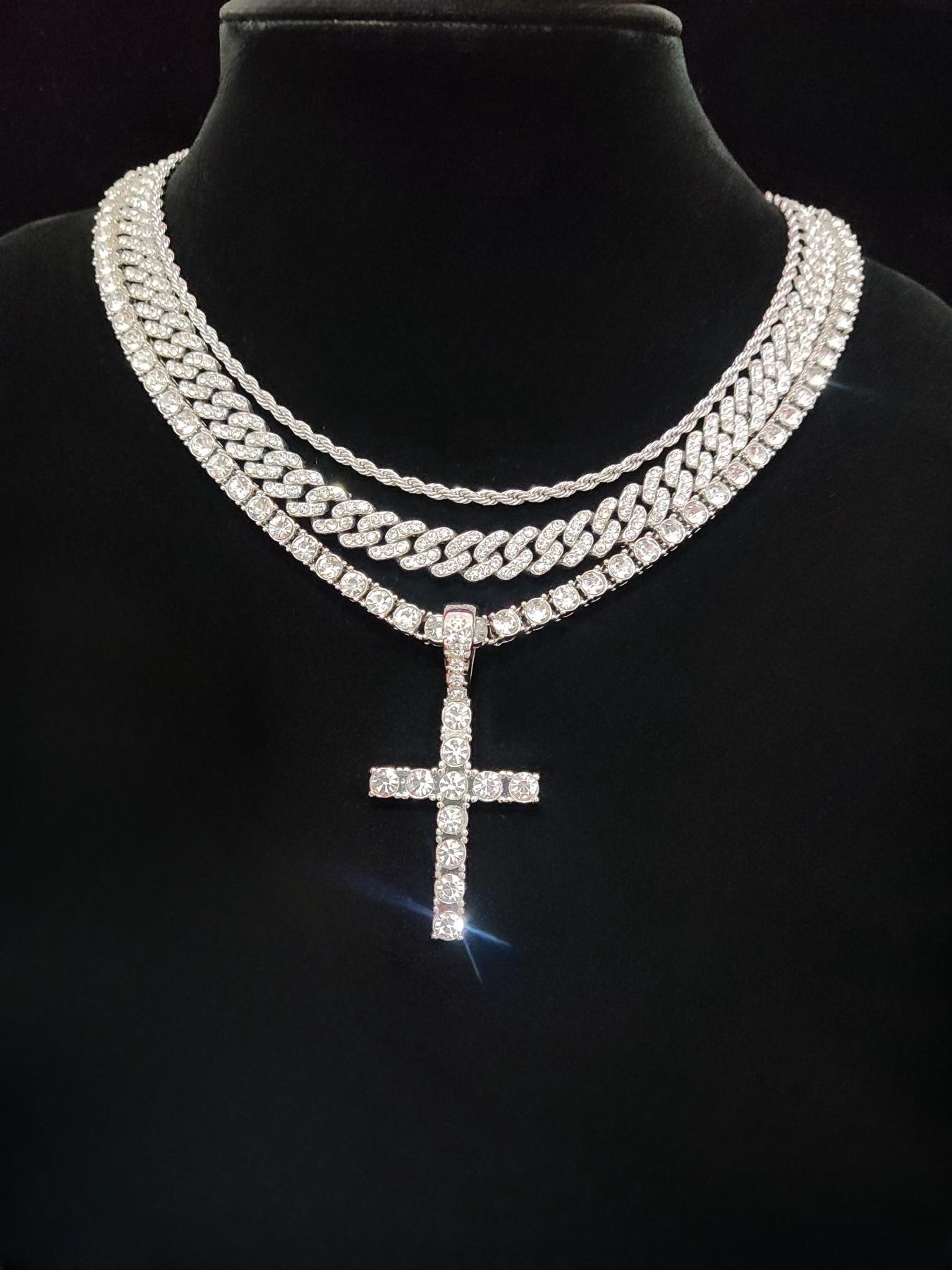 Summer Rhinestone Decor Cuban Link Chain Necklace & Cross Charm Necklace for Men & Women, Punk Style Exquisite Trendy Hip Hop Iced Out Jewelry As Gift