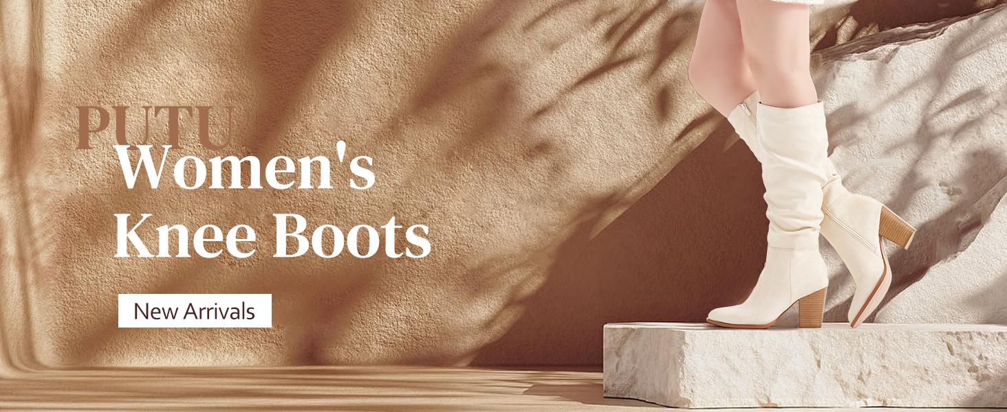 Women's Pointed Toe Knee High Boots Faux Suede Slouch Boots with Chunky Heel