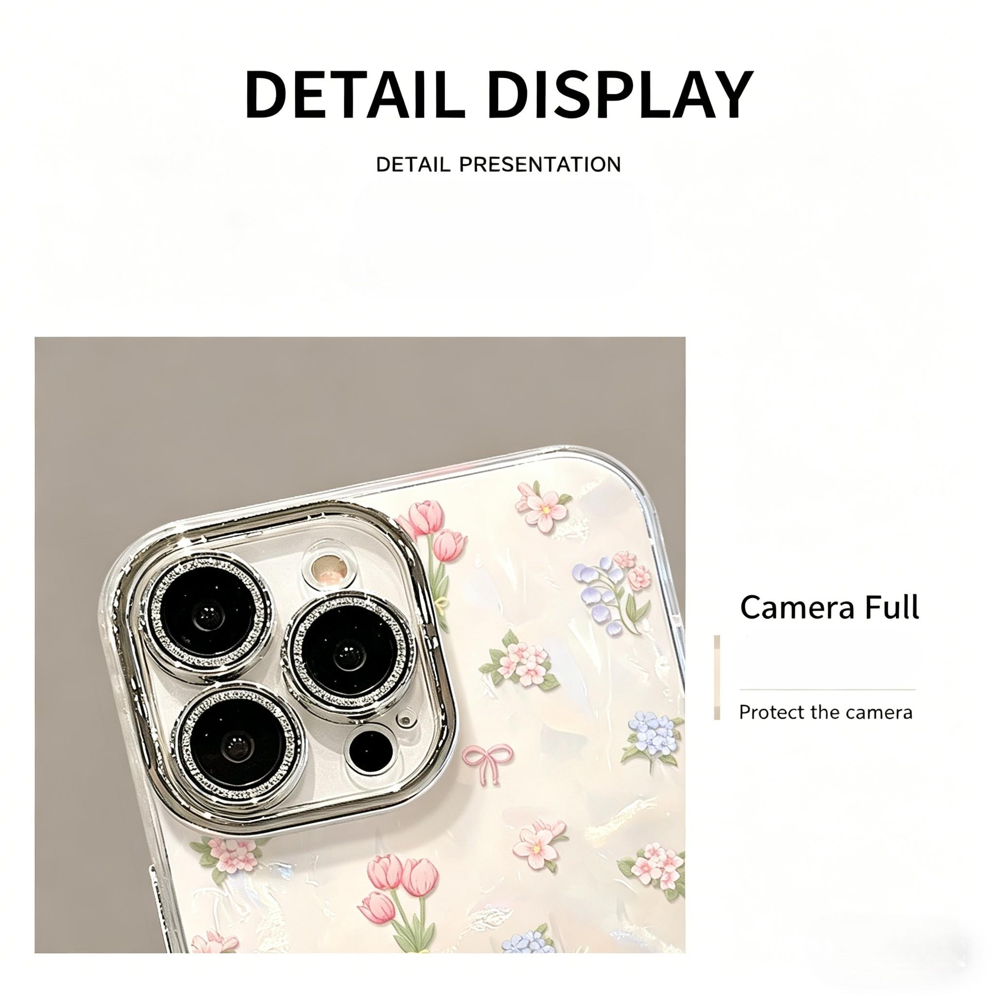 Cute Floral Phone Case with Wrist Strap for iPhone 17 /Pro Max, Acrylic Aesthetic Shockproof Cover with Bling Camera Lens Protector, Clear Glitter Flower Case for Women Girls