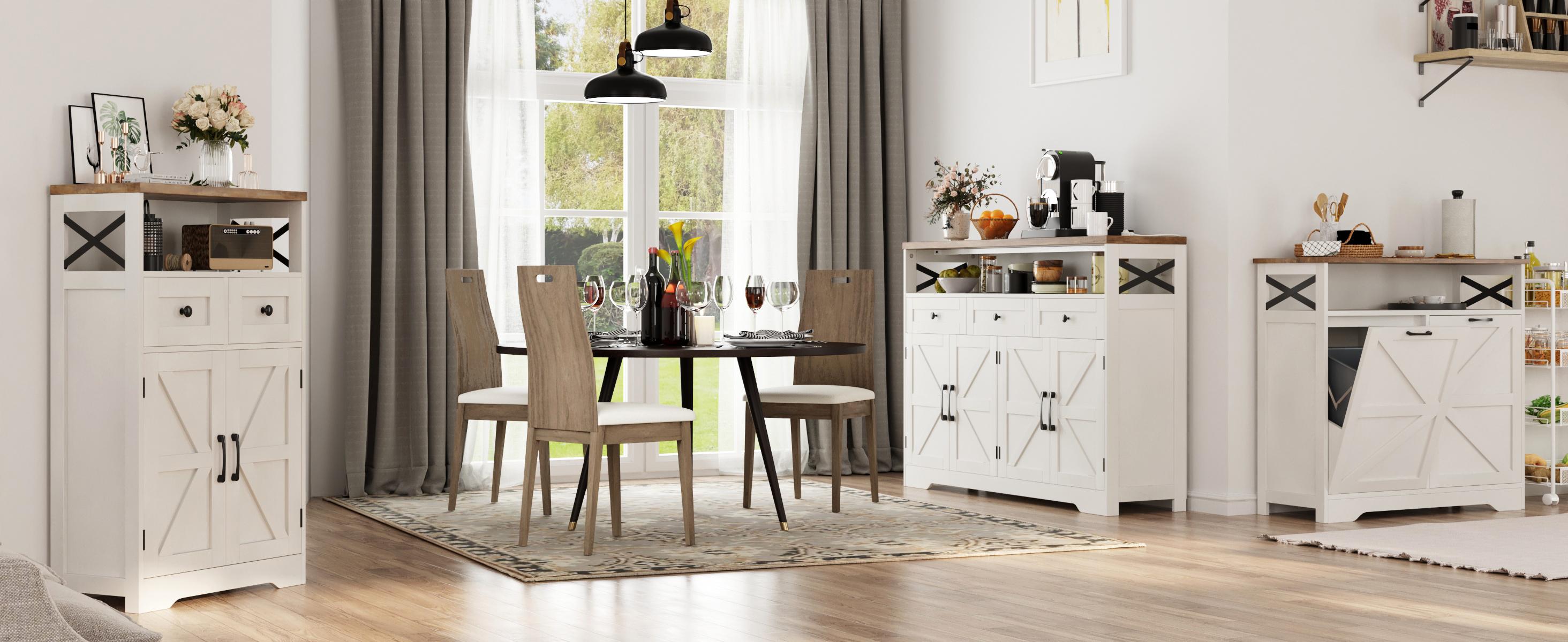 Vabches Farmhouse White Storage Cabinet with Doors and Drawers, Freestanding Kitchen Pantry Cabinet, Floor Storage Cabinet Hutch Cupboard for Kitchen/Laundry/Living Room/Bedroom