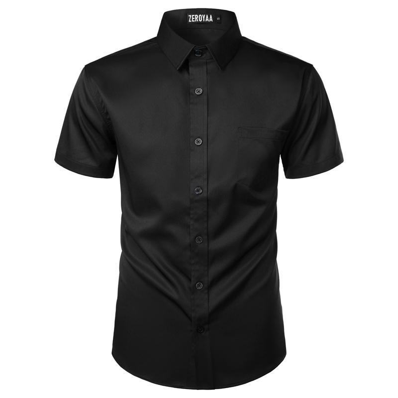 ZEROYAA Men's Casual Urban Stylish Slim Fit Short Sleeve Button Up Dress Shirt with Pocket Fabric Top Summer Outfits Men Plain Menswear Beige Tropical Vneck