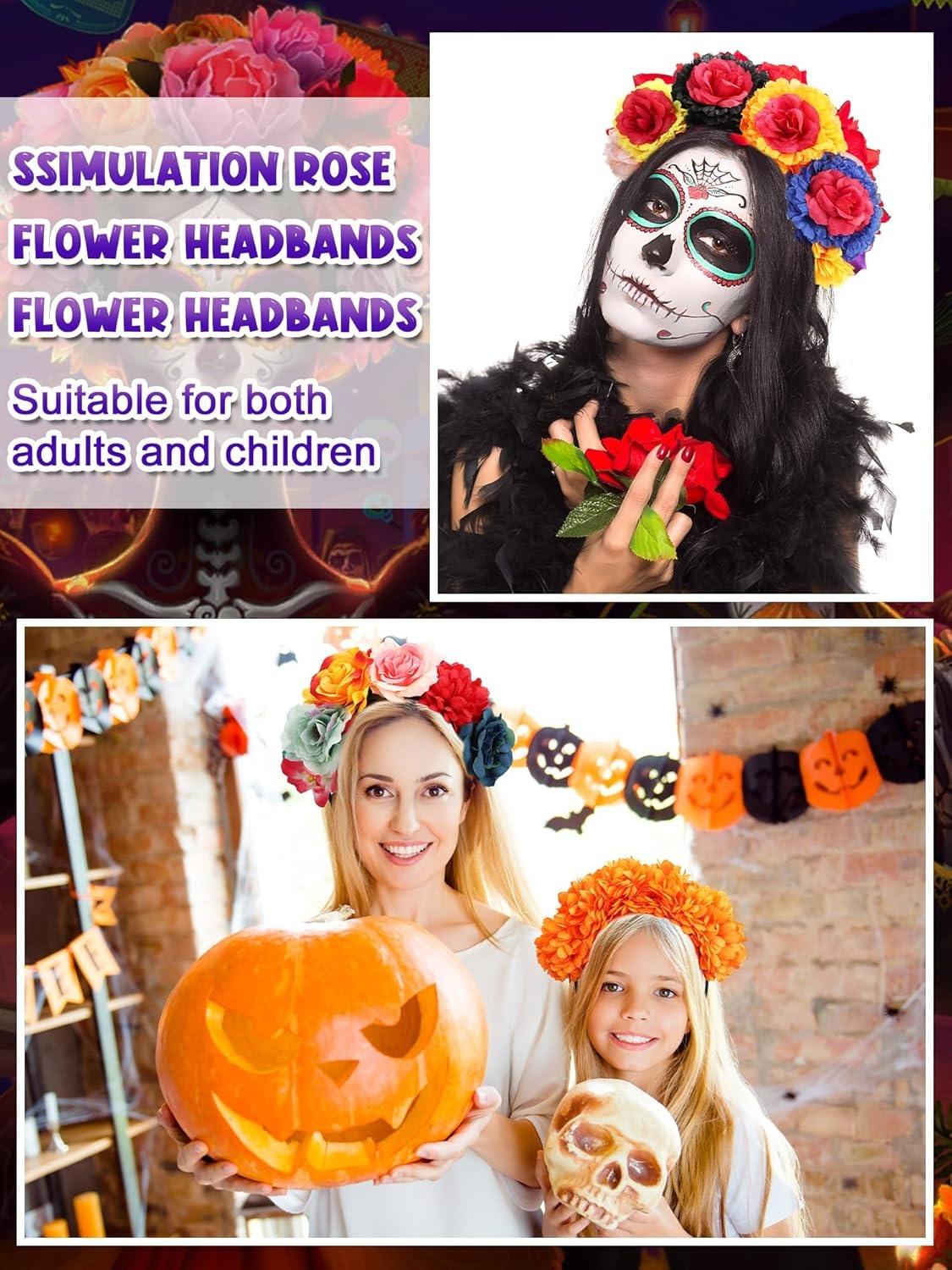 Mexican Flower Headband, Carnival Rose Crown, Party Role Play Halloween Accessory, Bridal Vacation Prop, Double-Sided Floral Hair Band