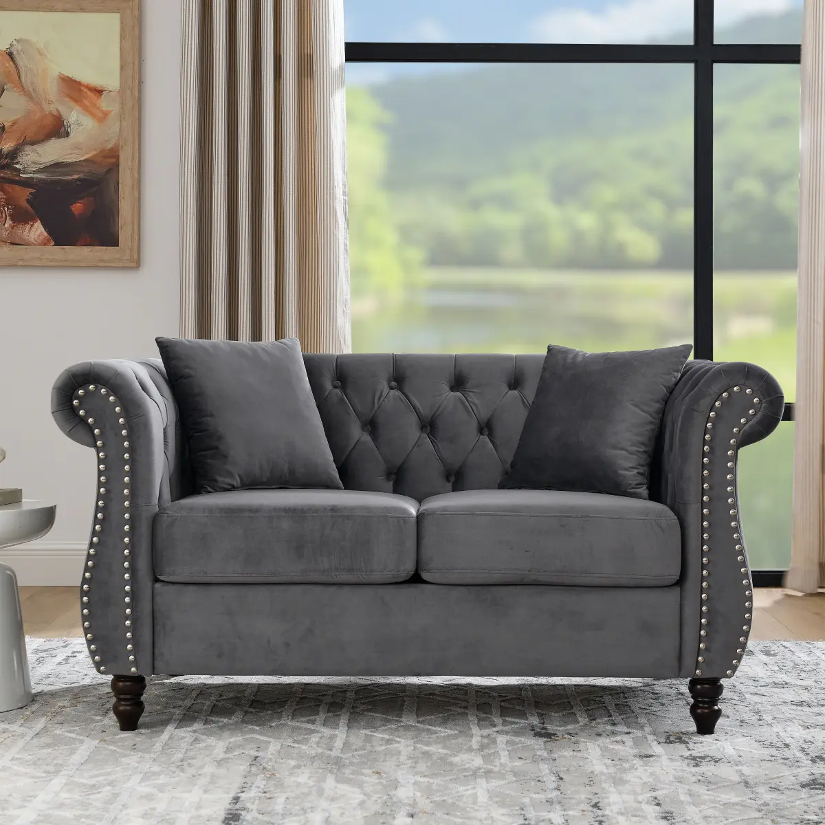 58.8" Chesterfield Loveseat Couch, Velvet 2 Seater Tufted Sofa with Rolled Arms & Pillows, Retro Upholstered Sofa Couches for Living Room Bedroom Office Apartment, Grey