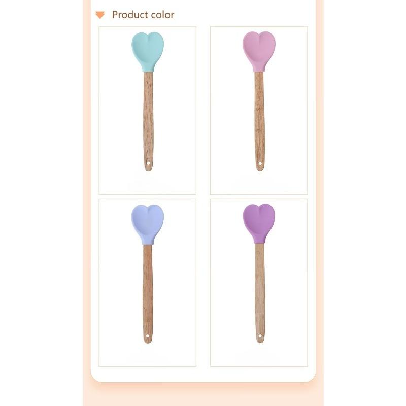 4 Pcs Heart Shaped Macaron Silicone Spatulas, long-handled mixing spoons and heat-resistant wooden handle spatulas, practical kitchen and baking tools for cream mixing. Bake with love and enjoy life.