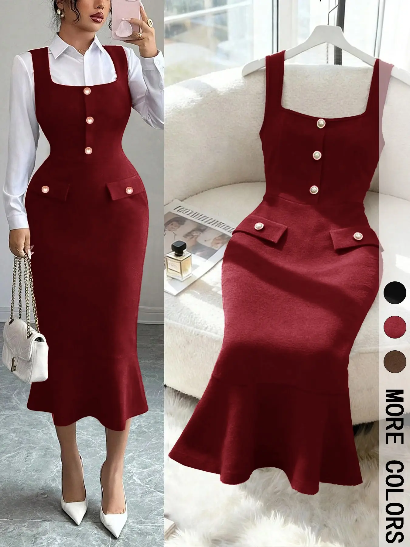 1-Piece Women's Square Neck Sleeveless Vest Midi Mermaid Dress, Front Pearl Buttons Double Fake Pockets Slim Bodycon Chic Work Midi Dress