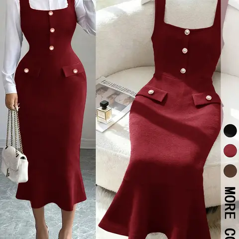 1-Piece Women's Square Neck Sleeveless Vest Midi Mermaid Dress, Front Pearl Buttons Double Fake Pockets Slim Bodycon Chic Work Midi Dress