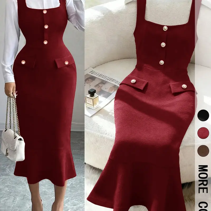 1-Piece Women's Square Neck Sleeveless Vest Midi Mermaid Dress, Front Pearl Buttons Double Fake Pockets Slim Bodycon Chic Work Midi Dress