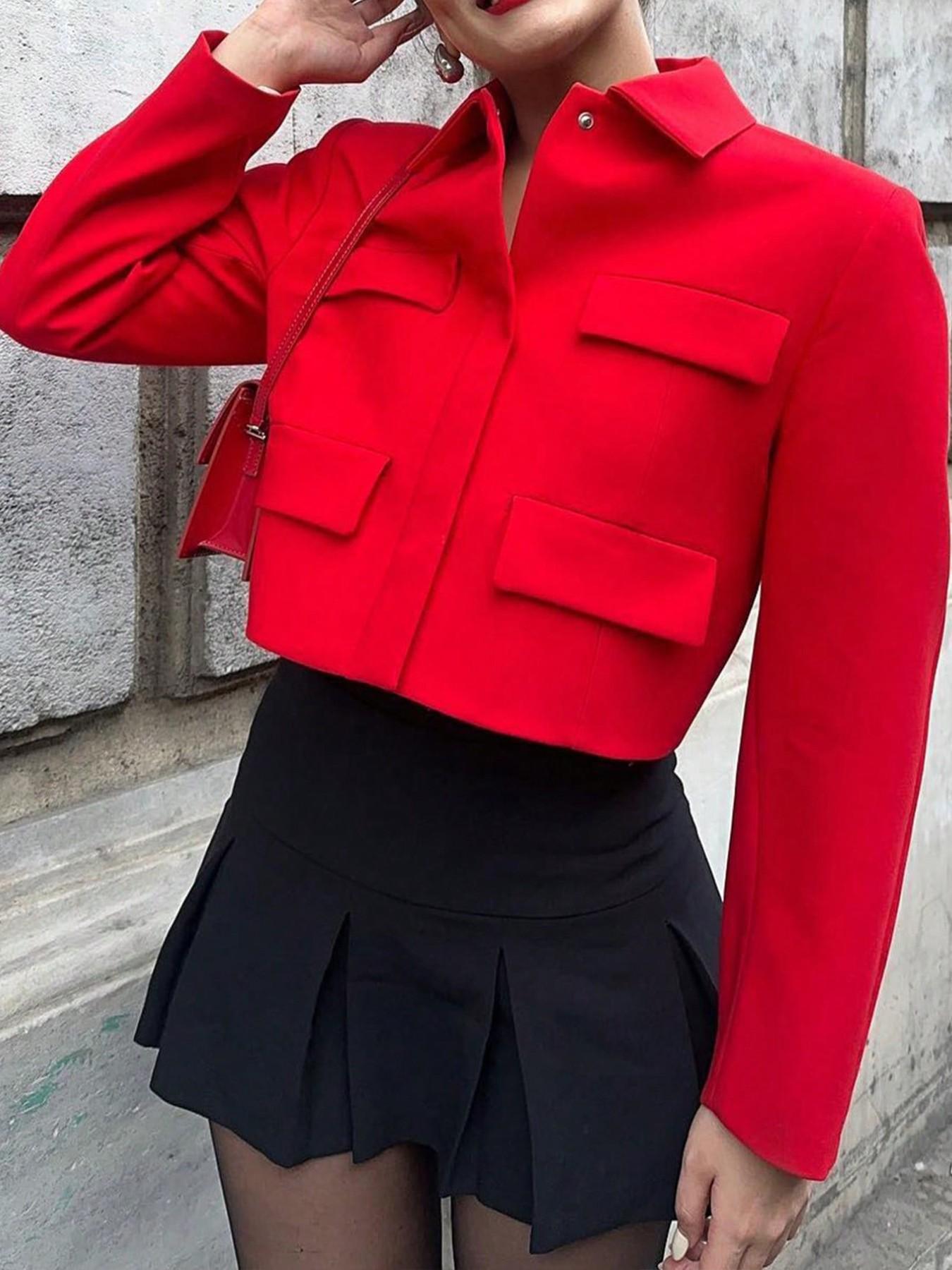 Women's Spring Fall Retro Multi-Pocket Short Work Jacket Coats, Collared Structured Smooth Woven Fabric Stand Collar Long Sleeve, Casual Outerwear Everyday