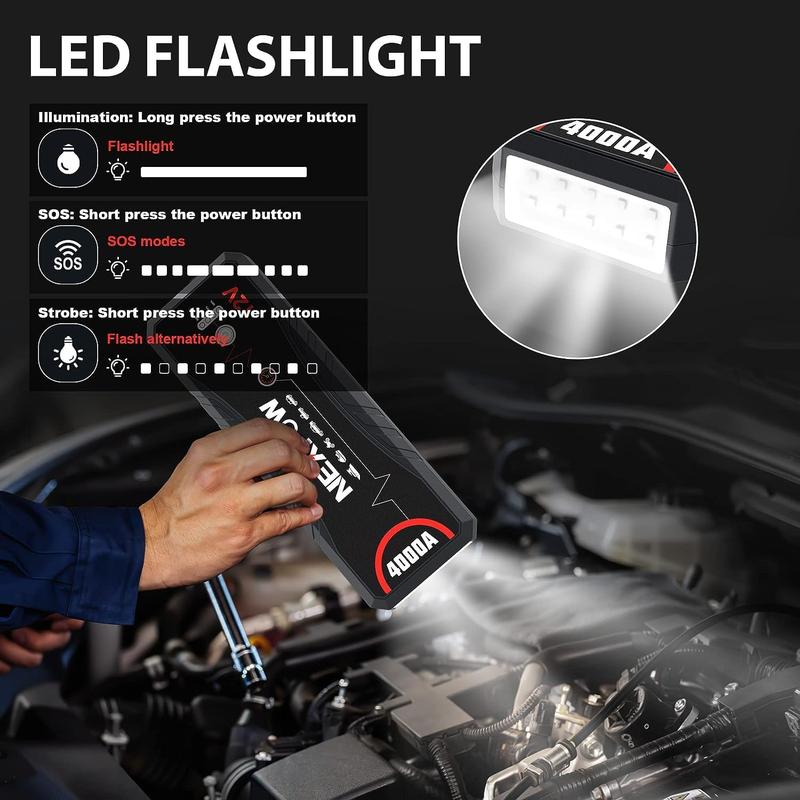 NEXPOW Car Jump Starter 4000A Car Battery Jump Starter Portable Pack for Up to All Gas and 10.0L Diesel Engine 12V Jump Box, Jump Pack, Battery Booster, Portable Jumper Cables with LED Light/USB QC3.0