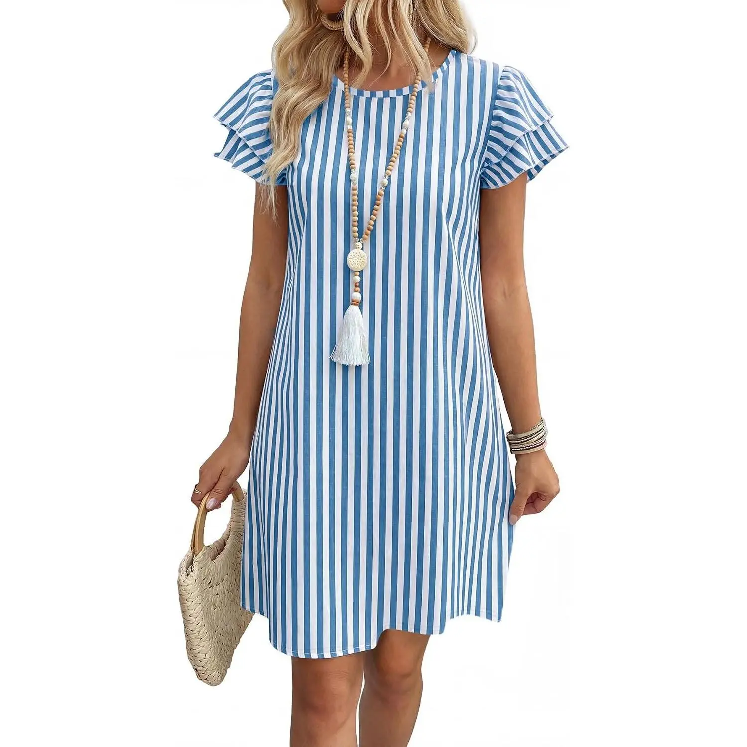 Womens Summer Dresses 2026 Ruffle Sleeve Round Neck Loose Swing Sundresses with Pockets Plain/Print