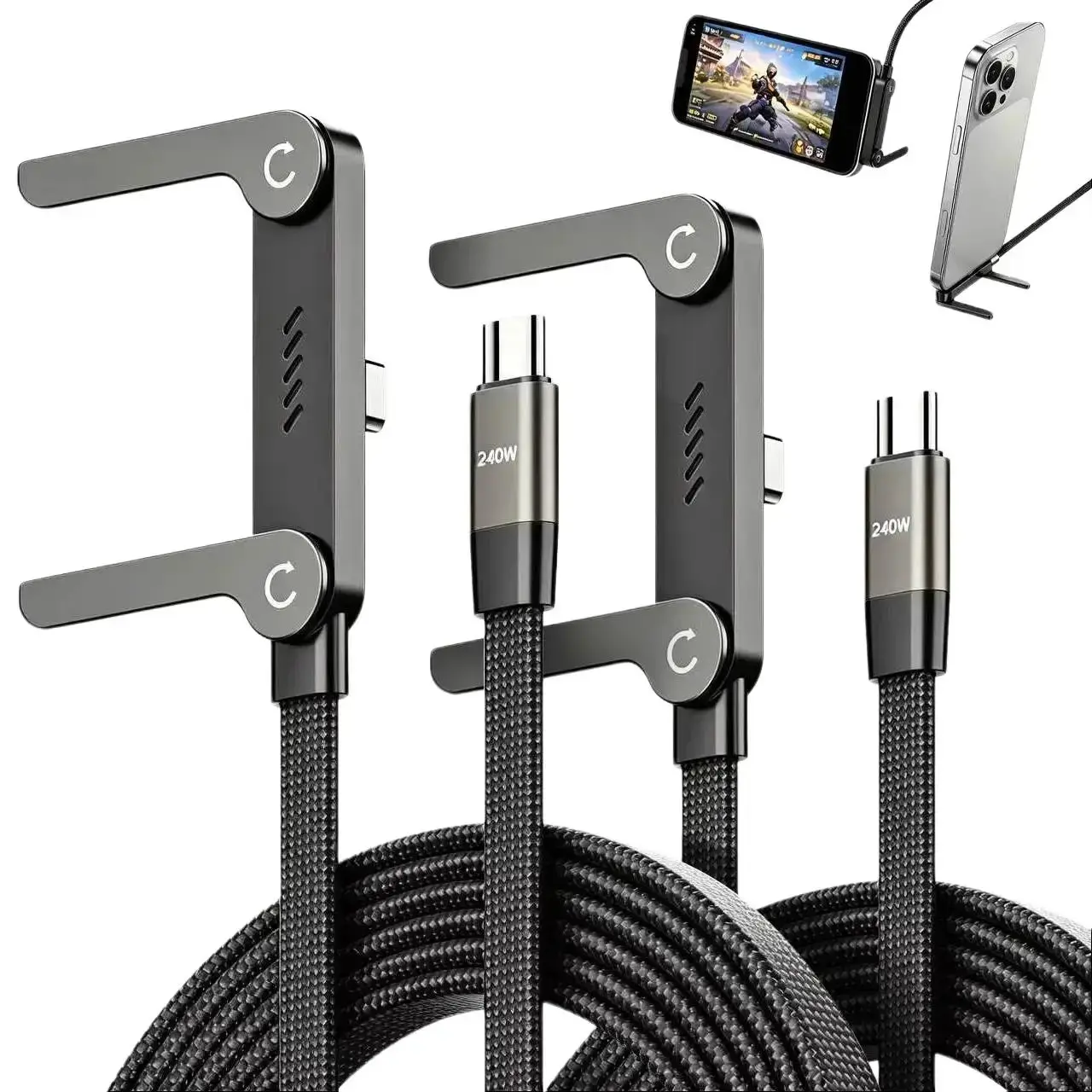 240W High-Efficiency Electronic Charger Cable Kit - 2-in-1 Design Invisible Holder, Gaming Stand Ready, Car Travel Charging Adapter for iPhone, Samsung, Type-C Smartphone, Portable Solution Fast Charging Cord (Black)