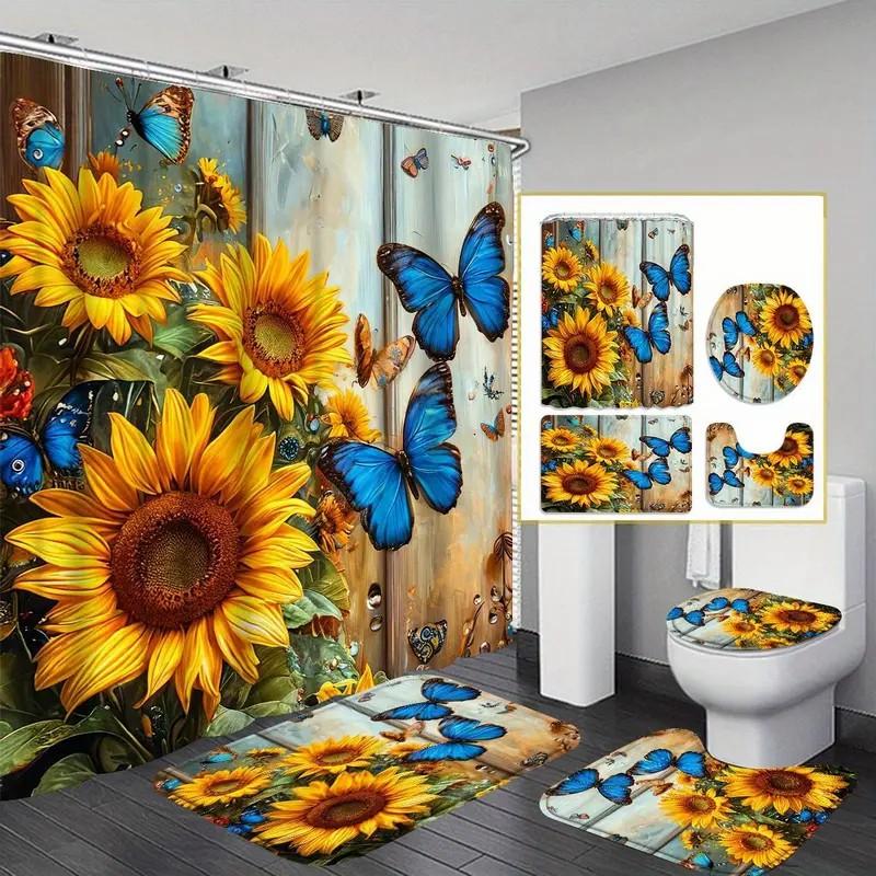 Sunflower Pattern Bathroom Decor Set, 4 Countsset Including Shower Curtain & Toilet U-shape Mat & Bathroom Mat & Toilet Lid Cover, Bathroom Decor Supplies, Bathroom Decoration Accessories