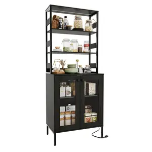 Garvee 67 Tall Bakers Rack Cabine with Power Outlets & LED Lights – Multi-Functional Kitchen Pantry Cabine Coffee Bar Hutch, with Countertop, Glass Doors for Kitchen, Dining Room, Laundry, Hallway Black