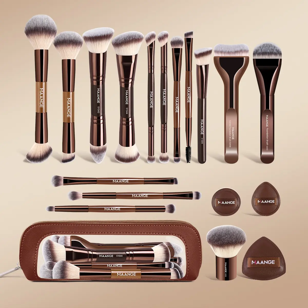 Maange Professional Makeup Brush Set with 3 Puffers and 1 Makeup Bag, Ideal for Home Travel, Perfect Gift for Women and Girls