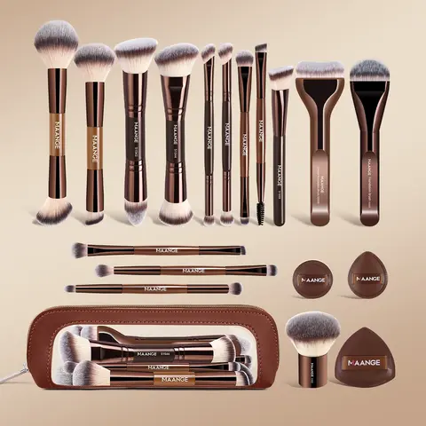 Maange Professional Makeup Brush Set with 3 Puffers and 1 Makeup Bag, Synthetic Makeup Brushes, Ideal for Home Travel, Perfect Gift for Women and Girls
