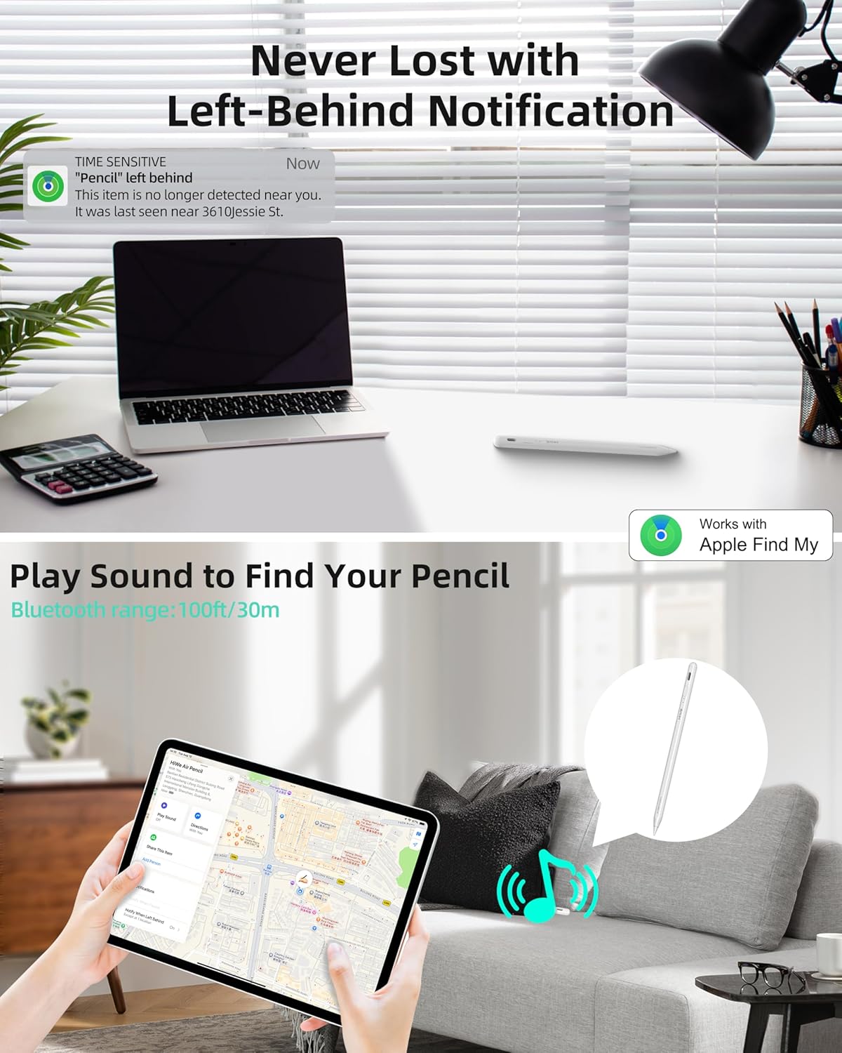 HIWE Anti-Lost Stylus Pen for iPad 2018-2025 Find My Support Tilt Sensitivity Magnetic Shortcuts Fast Charge 10H Battery 3 Replaceable Tips