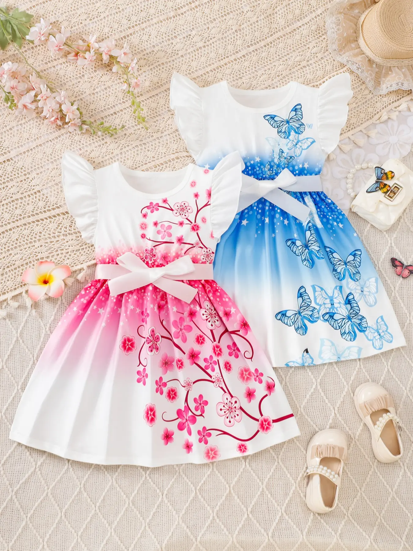 girls spring dresses Girls' Dress Set, Butterfly & Flower Print, Elastic Waist Design, Soft Comfortable Fabric, Perfect for Playtime & Gifts, Floral Print Dress, Dresses, Cap Sleeve Dress, Girlly Summer Clothes, Toddler Summer Dress Fit-and-Flare Mother of the spring dresses for teens Our Swiss Dot Ruffled Size:9M algolia_updated