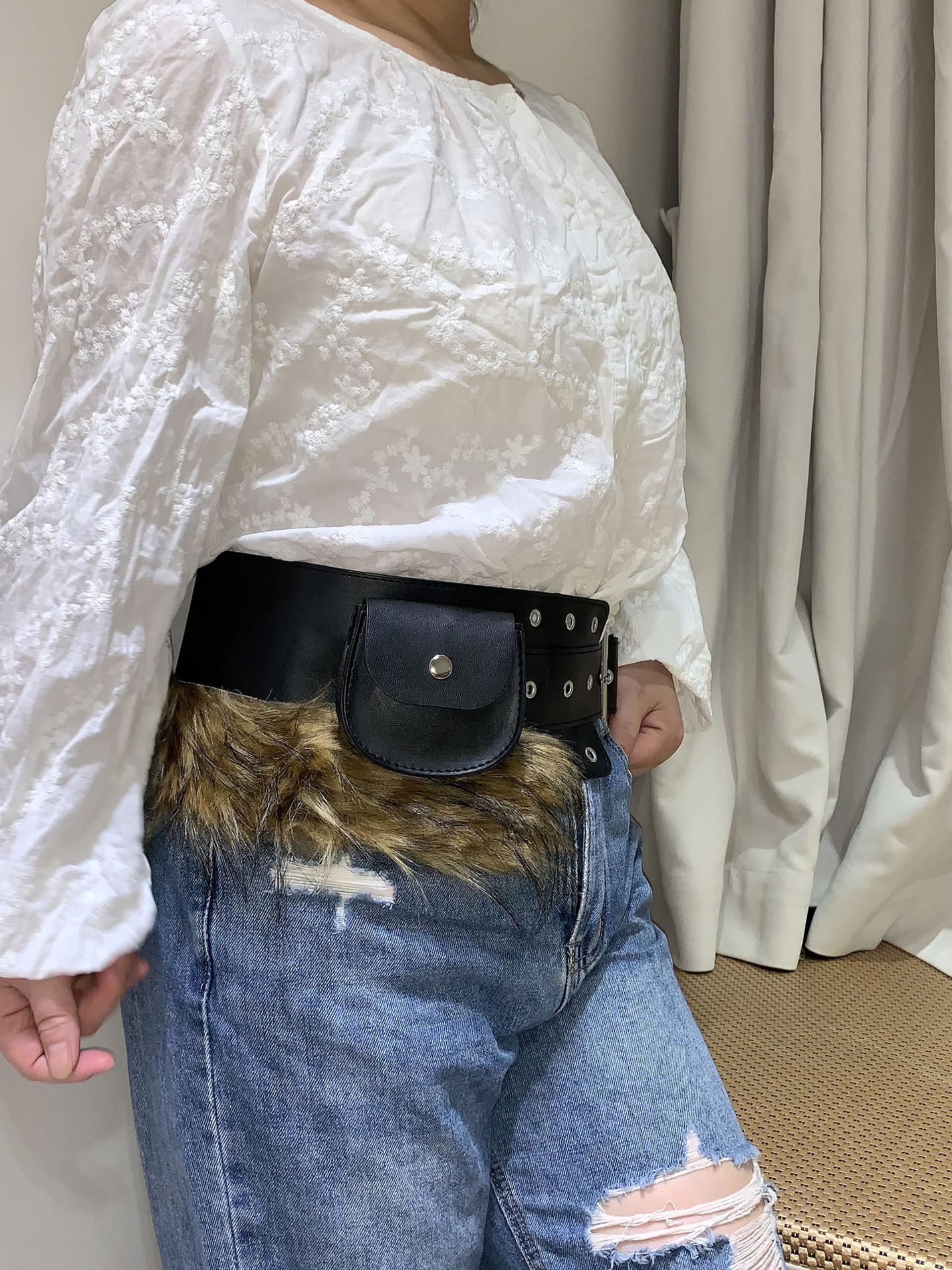 Wide Belt Mini Waist Bag, Plush Oval Mouth Pouch, Tummy Pouch, Stage Performance Costume Accessory, Patchwork Design, All Seasons Wear