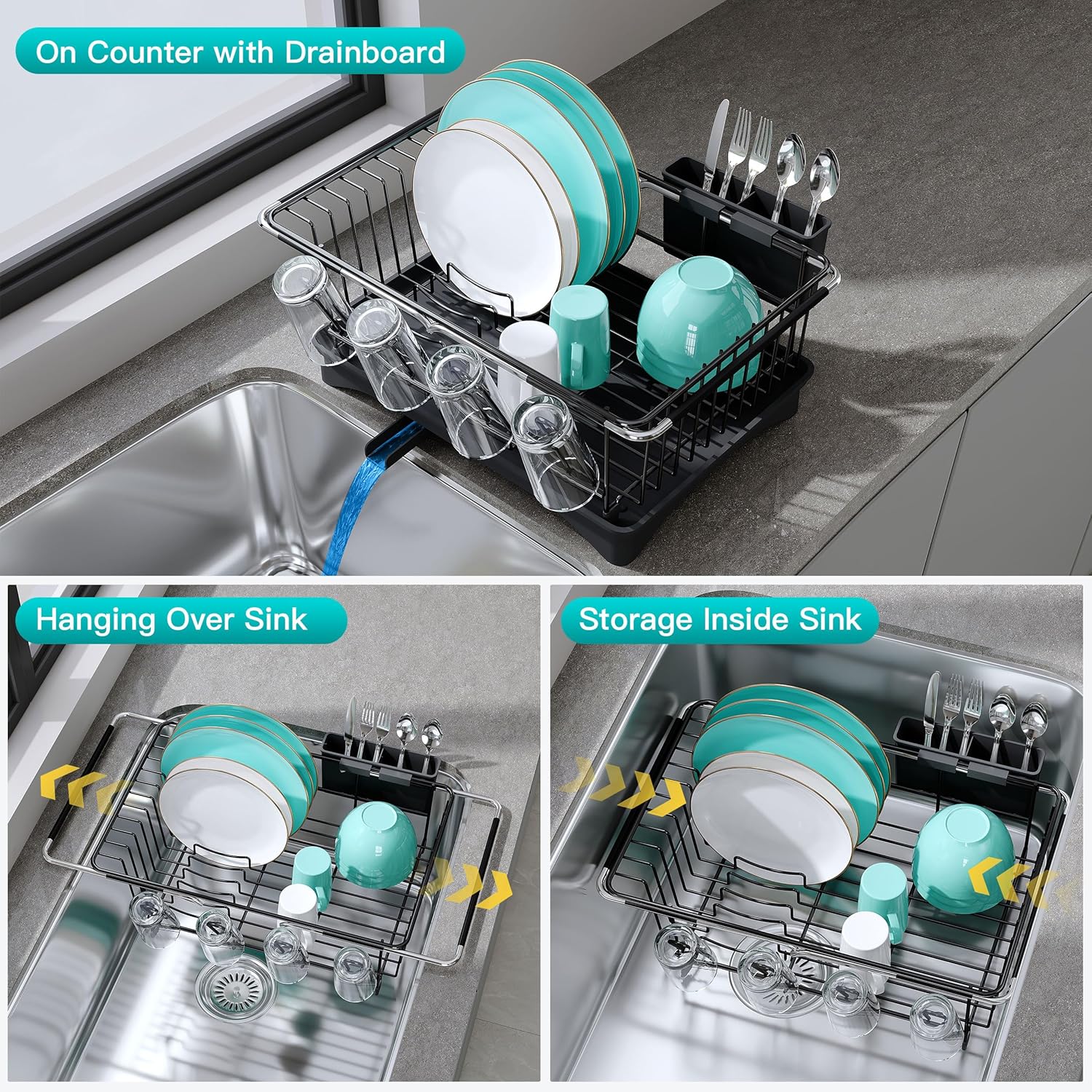 Dish Drying Rack for Sink, Expandable Stainless Steel Dish Drainer with Utensil Holder, Silver Over Sink and Inside Sink Dish Dryer Rack for Plates, Bowls, Cups and Kitchen Counter Storage