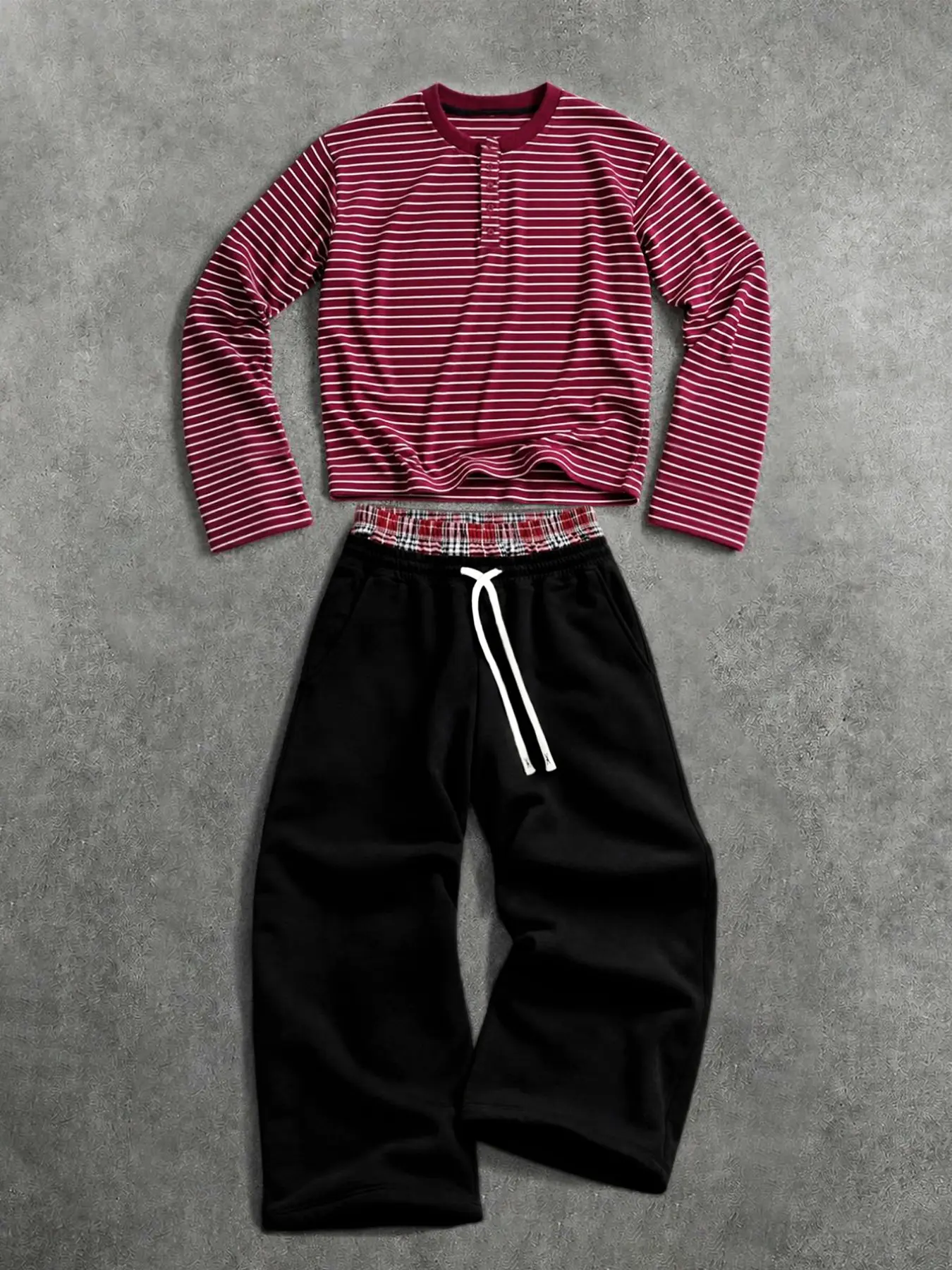 Vintage Burgundy Striped Henley Half Button Cropped Top & Plaid Waist Wide Leg Sweatpants 2 Piece Set, Contrast Loose Casual Pants, Spring Autumn Unisex Matching Outfit For Couples & Friends