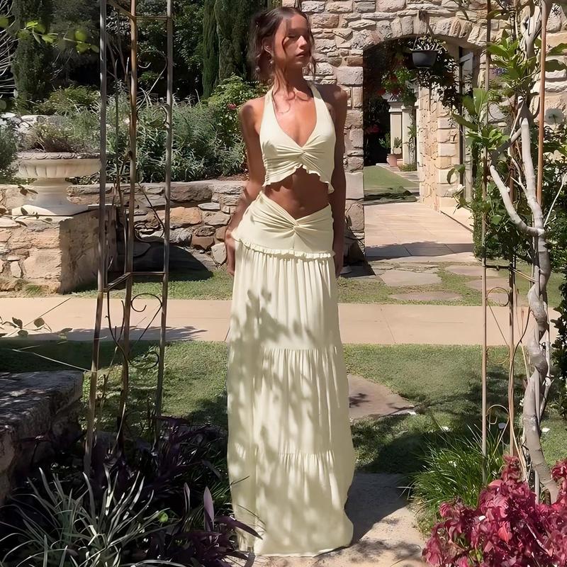 Solid Color Backless Crop Top & Ruched Skirt Two Pieces Set Women's Sleeveless Halter Neck Top & Skirt Ladies Summer Fall Clothes for Party Holiday Vacation Beach Boho Valentine's DayGift Outfit