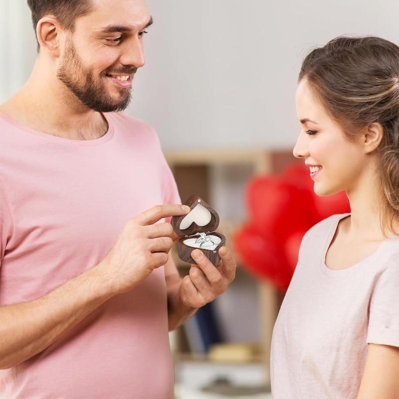 Wooden Heart Shape Ring Gift Box, Personalized Vintage Wood Jewelry Box, 2 Slot, for Proposal, Engagement, Wedding, Anniversary