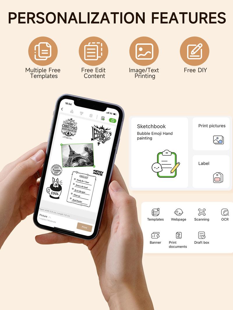 Mini Printer with 1 Roll of Stickers – Portable Bluetooth Inkless Thermal Printer for Study Notes, Pictures, DIY, and Labels