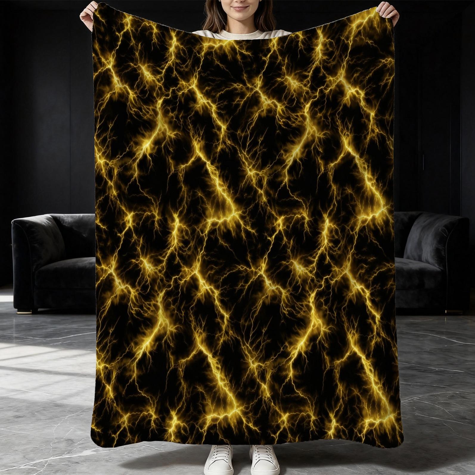 Purple Lightning Flannel Blanket, Single-Side Printed, Cool & Trendy Neon Style, Soft & Skin-Friendly, Multi-Use Throw for Sofa, Bed, Camping & Travel, All-Season, Perfect Gift Option