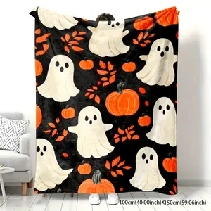 1 Large Single-Sided Printed Blanket - 5 Sizes Available. Halloween Flannel Blanket With Pumpkin And Print, Family Digital Print Decoration, Suitable For Naps, Camping, Travel, And Home Decor. Warm Accessory, Seasonal Throw Blanket, Smooth Texture