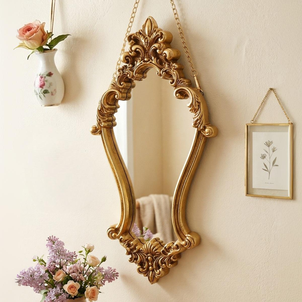 European Vintage Wall Mirror, Resin Hand-Painted Makeup Mirror, Home Decor Art, Bathroom, Vanity, Gift, Photography Prop