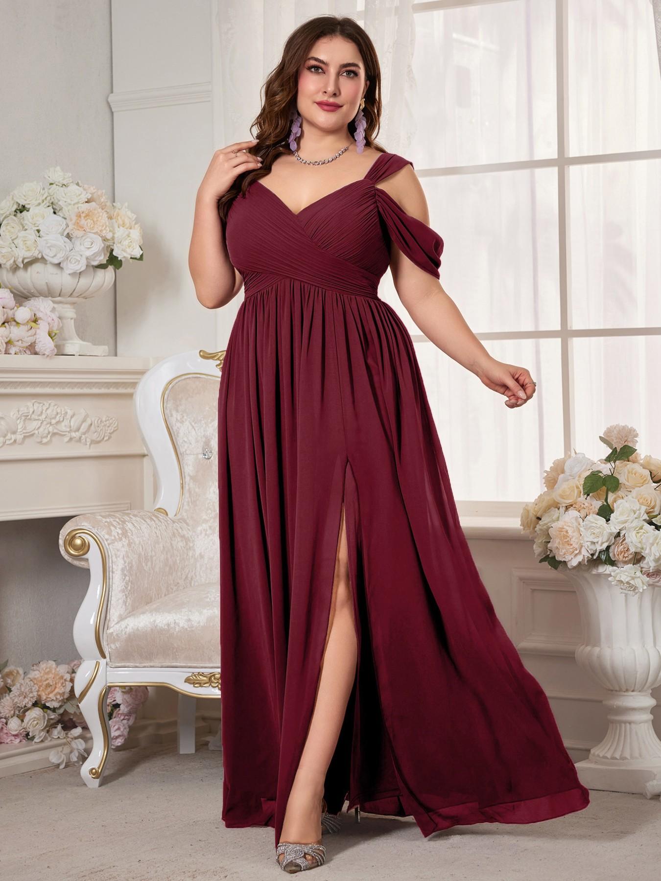 Plus Size Women's V-Neck Backless Waist Cinch Pleated High Split Skirt Maxi Dress, Elegant Chic Lightweight Chiffon Bridesmaid Party Formal Evening Gown, Pleated Dresses