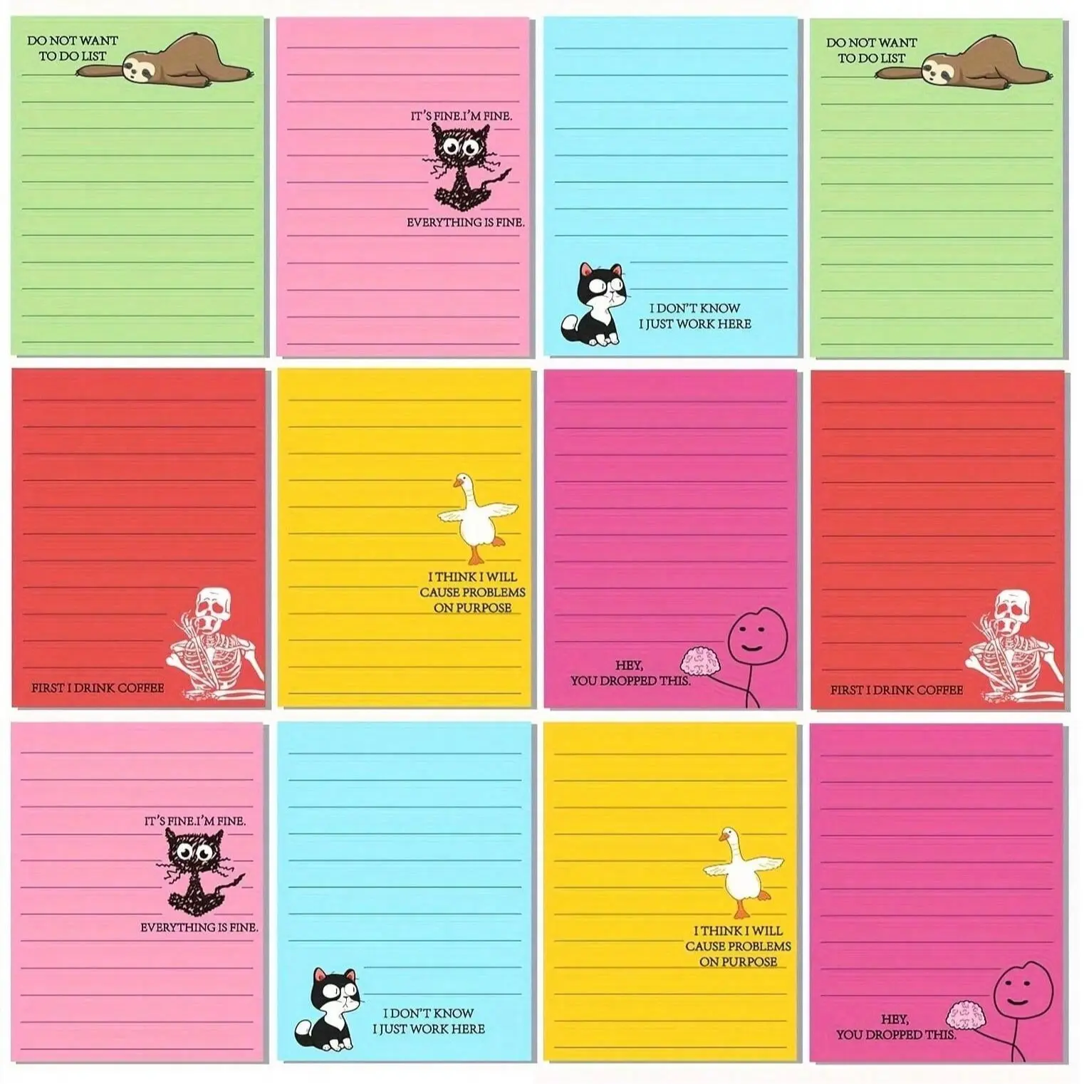 12 Fun Post-It Notes, 10.16x7.62 Cm, Self-Stick Memo Pad, Humorous Colorful Reminders, Office Gift for Colleagues, Employee Appreciation