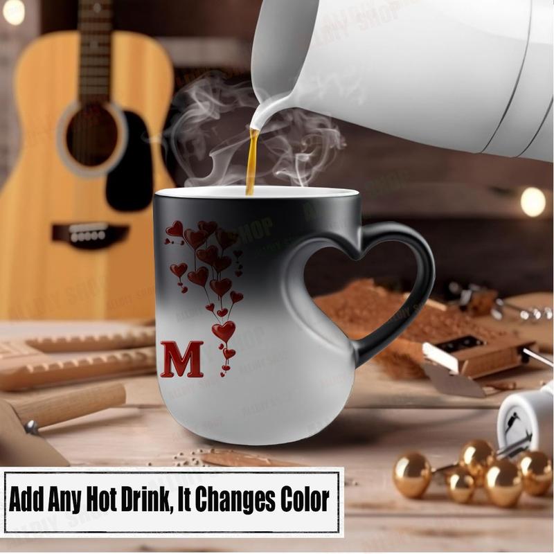 Color Changing Mug A-Z Initial Heart Coffee Cup, Thermosensitive Ceramic Mug with Heart-Shaped Handle, 11 Oz/330 Ml, Valentine's Day Gift