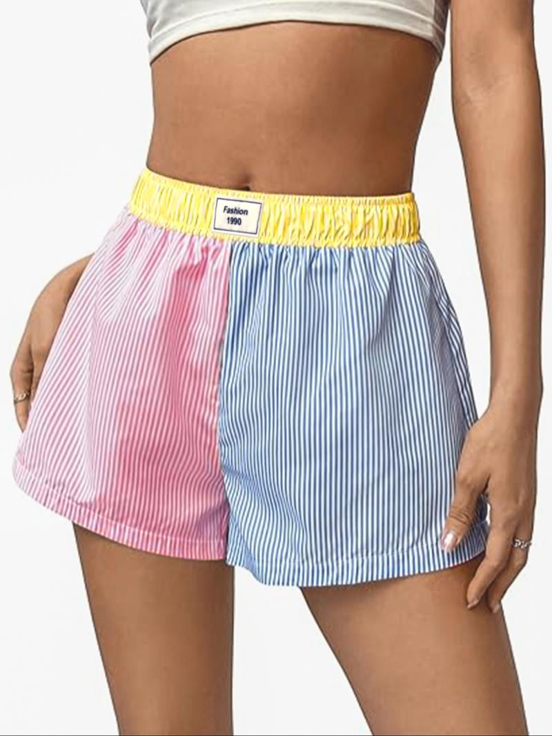 Women's Patchwork & Striped Print Elastic Waist Shorts, Casual Letter Patched Shorts, Women's Bottoms for Daily Wear