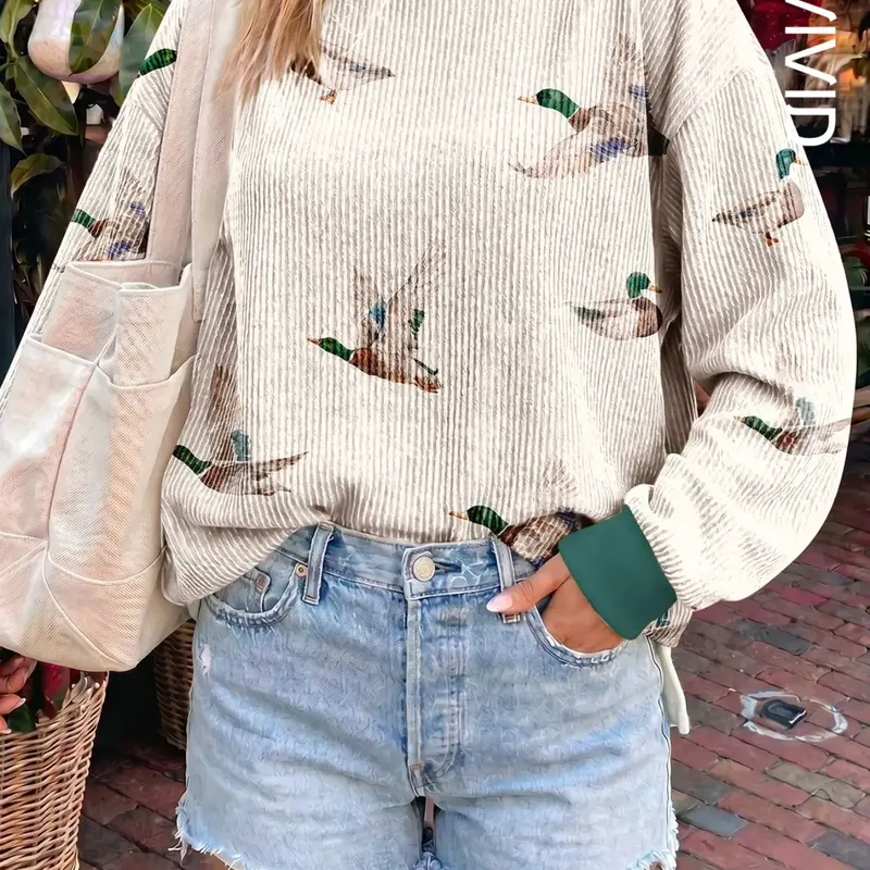 Women's Casual Twisted Ribbed Duck Print Round Neck Long Sleeve Pullover Sweatshirt, Spring & Fall Fashion, Comfortable and Stylish, Casual Pullover Top
