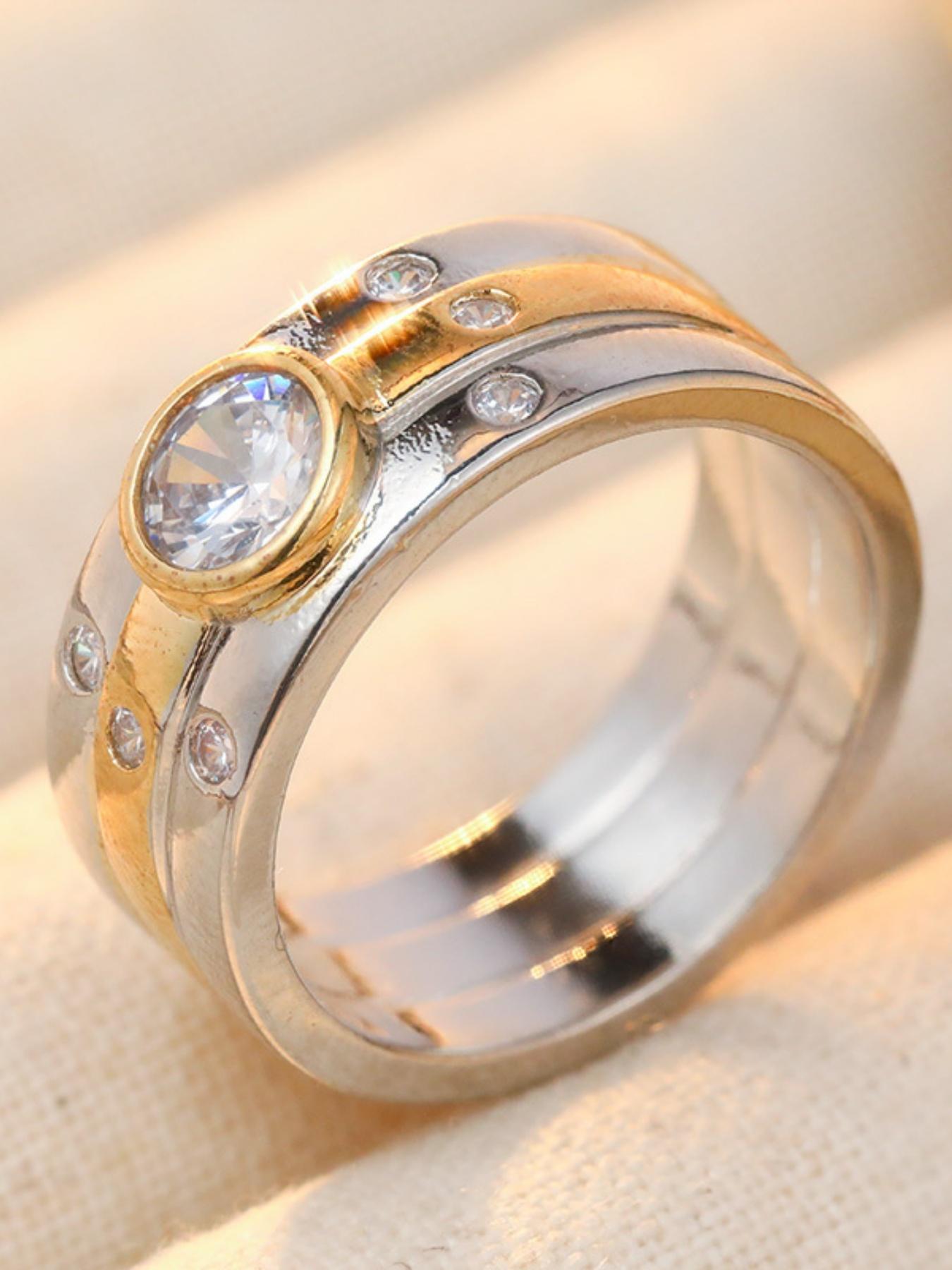 Two Tone Splicing Wide Face Ring with Circular Synthetic Zircon Inlay for Couples, Commemorative Day Gift Ring