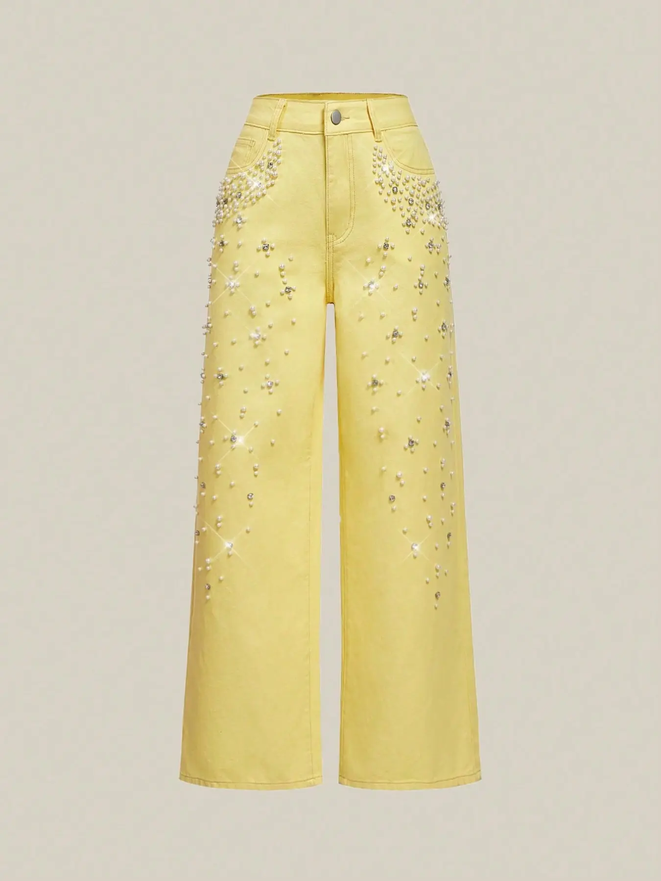 Women's Bright Rhinestone High-Waisted Wide-Leg Jeans, Loose Fit Casual Straight Leg Pants, Perfect for Gatherings and Outings