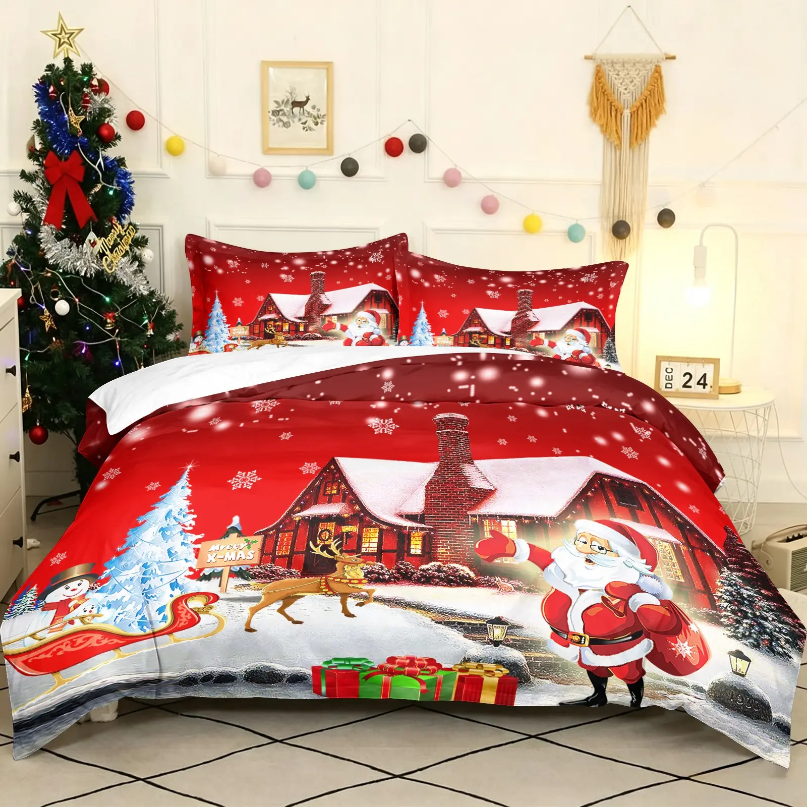 Farmhouse Red Christmas Santa Cabin Duvet Cover Set Includes 1 Duvet Cover and 1-2 Pillowcases, Soft Breathable Skin-Friendly, Vivid HD Snow Scene Print, Xmas Home Decor Bedroom Bedding