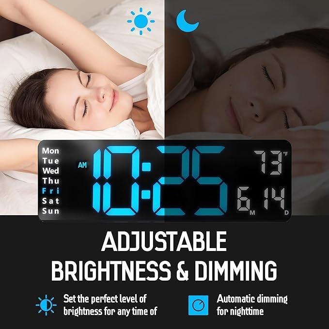 LED Digital Wall Clock, Large Display Digital Clock with LED Technology, Countdown Dimmer, DST Date, Week Temperature, Large Display Home Decor Blue(White Shell)