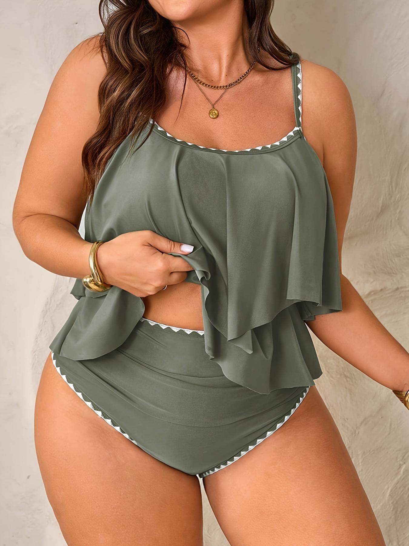 Women's Plus Size Fashion Elegant Slimming Backless Solid Color Ruffle Two-Piece Bikini Set, Sexy Ditsy Floral Push Up Style, Tankini Swimwear Set