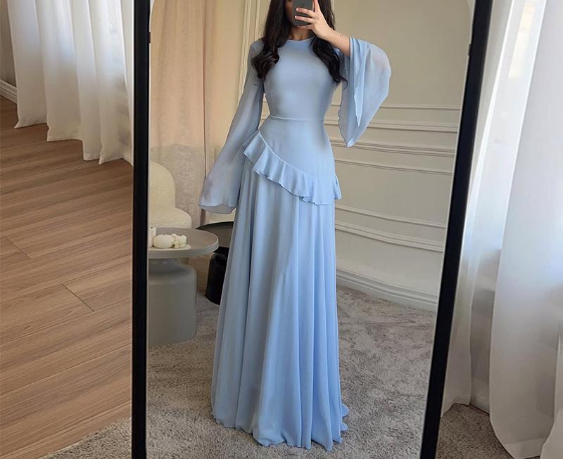 Women's Slim Round Neck Solid Bell Sleeve Floor Length Formal Garment - Polyester Blend, Elegant Fit, Ideal for Graduation, Formal Parties, Available in XXXL (Womens Dresses)