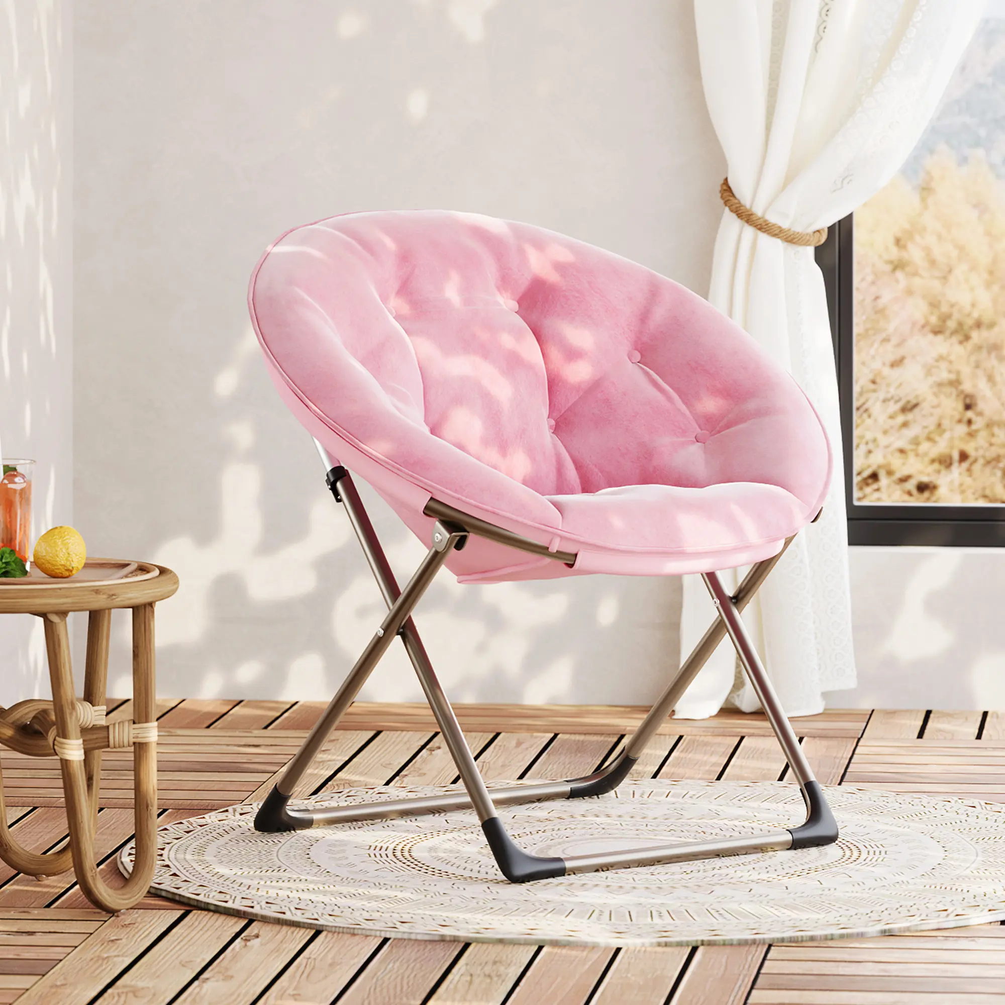 Oversized Faux Fur Saucer Moon Folding Chair, Soft Round Lounge Accent Chair with Sturdy Metal Frame, Comfy Reading Seat for Adults Teens Kids, Grey Pink Blue
