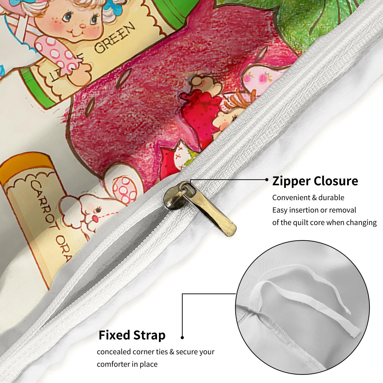 Vintage Strawberry Girl Cartoon 3-Piece Duvet Cover Set, Ultra-Soft Microfiber Bedding with 2 Pillowcases, Cute Kawaii Style Bedding for Kids Girls Bedroom Dorm Decor