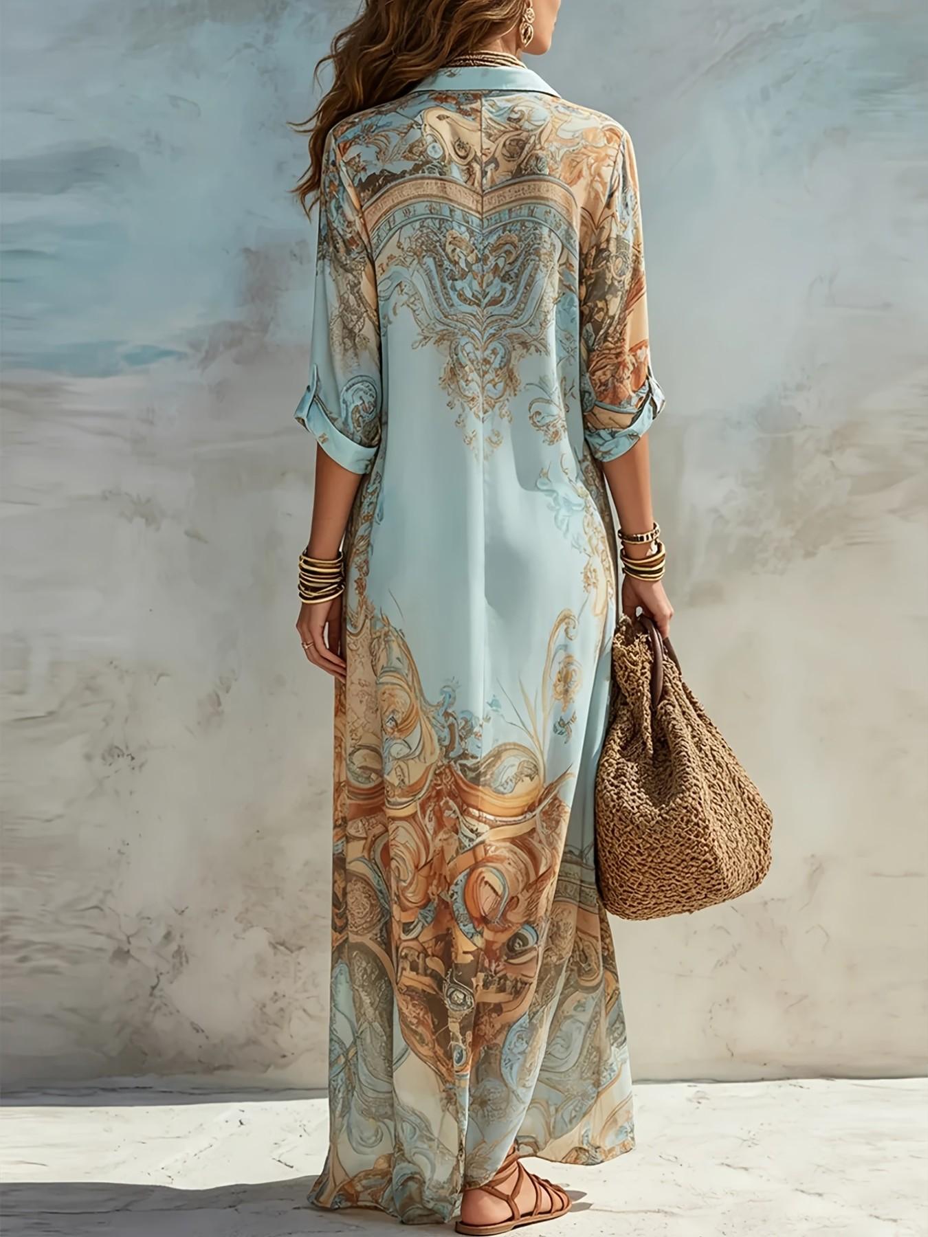 Casual Random Print Notched Lapel Button Long Maxi Slim Fit Dress, Autumn Party Gown, Women's Fashionable Evening Wear, Elegant and Comfortable Design, Elegance