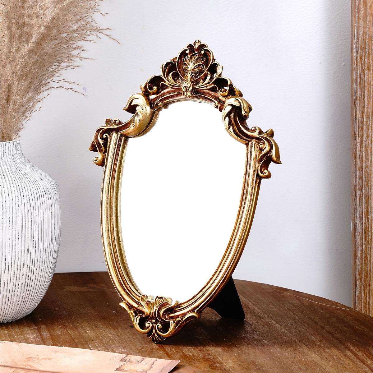 European Classical Gold Pattern Mirror Decorative Ornament, Wall-Mounted or Tabletop, Home Wall Decoration, Vanity Mirror