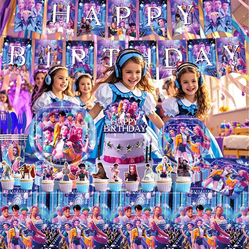 KPOP Hunter Girl Birthday Decoration Set, Pull Flag, Balloons, Tableware, Banner, Holiday Hanging Decor, Perfect Gift for Friends