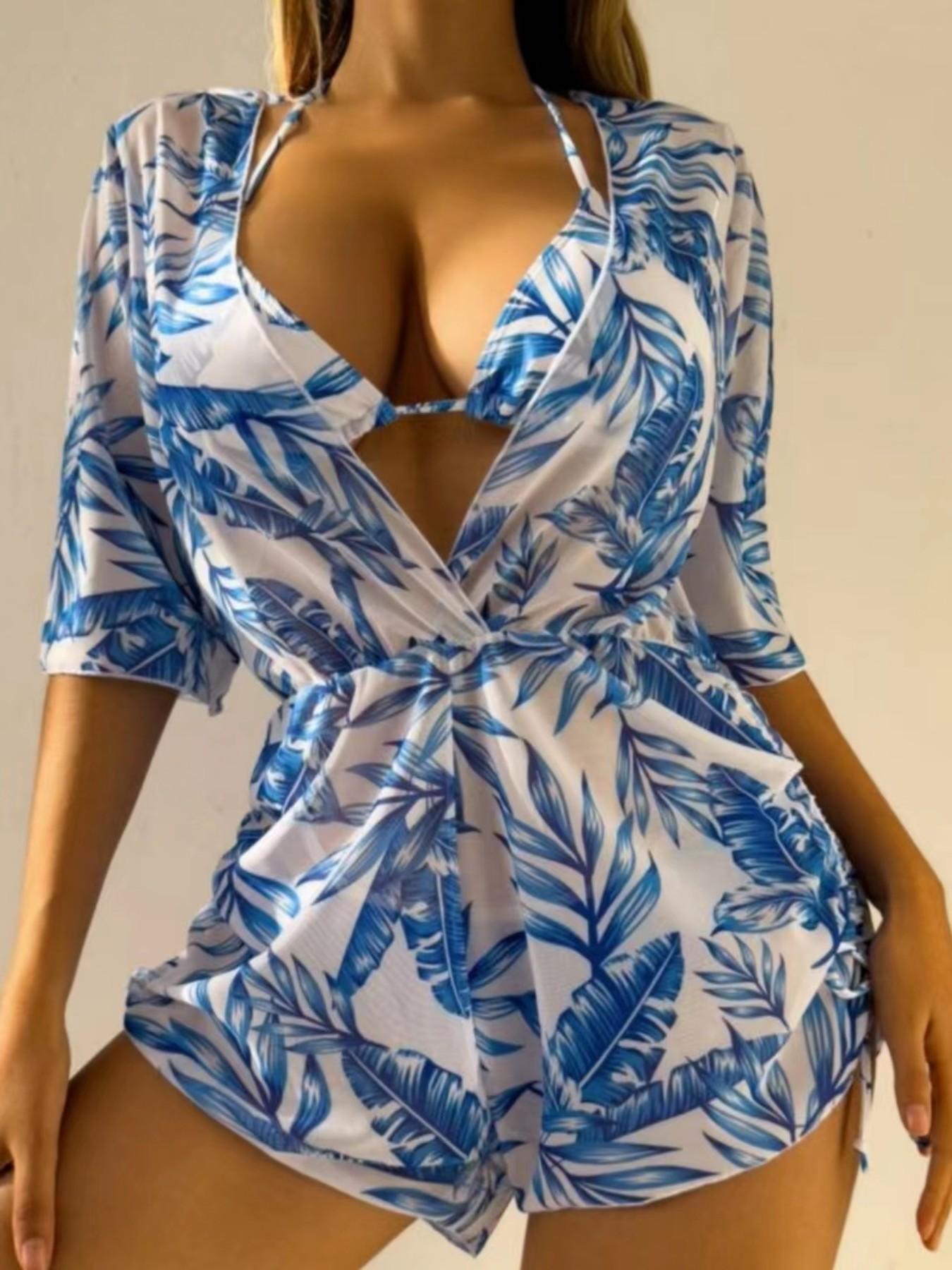Three-piece Set Women's Plants Print Swimsuit Set, Including Swimsuit Cover Up & Halter Top & Panty, Fashion Chic Ladies Bathing Suit for Beach Holiday Vacation, Leaf Print Bikini