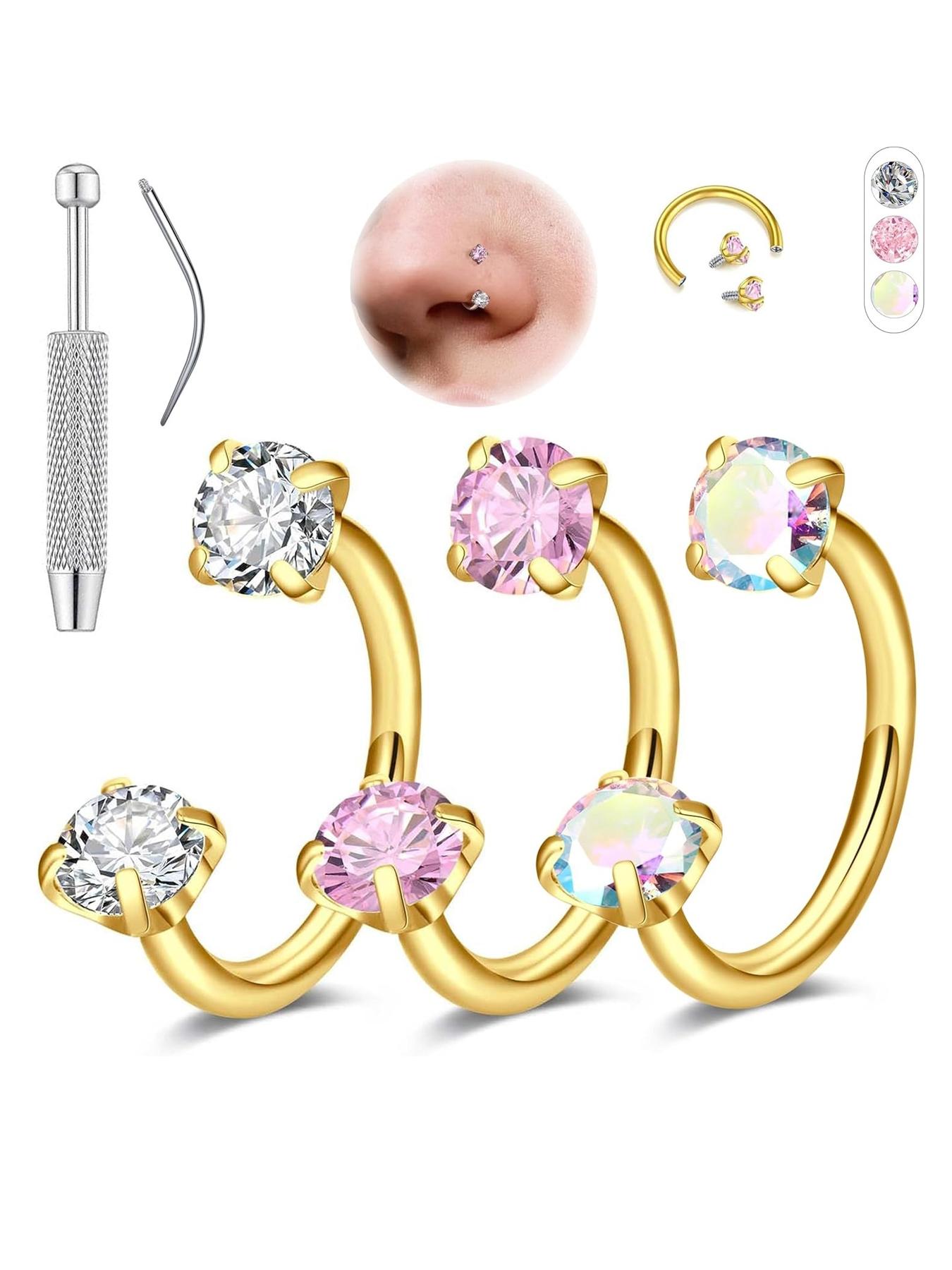 Hoop Nose Ring Set, Horseshoe Nose Rings for Women, Stainless Steel Piercing Jewelry, Dual Gemstone Hoop Rings, Surgical Steel Cartilage Spiral Earrings, Nose Piercing Kit