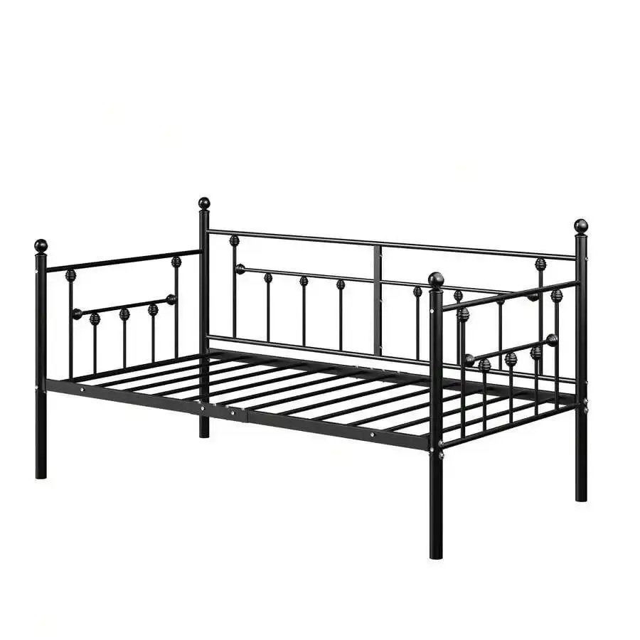 Black Queen Size Classic Metal Daybed Frame with Guardrail - 660lb Capacity, Multi-Functional Twin Daybed, No Box Spring Needed, for Living Room & Bedroom, Convertible Floor Bed Couch